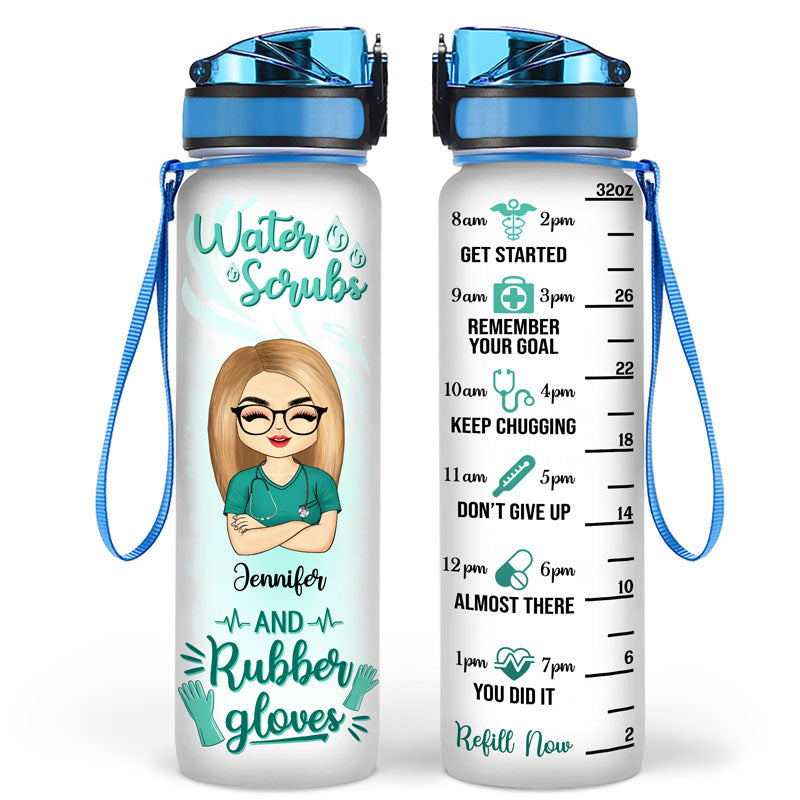 Water Scrubs And Rubber Gloves - Gift For Nurses - Personalized Custom Water Tracker Bottle