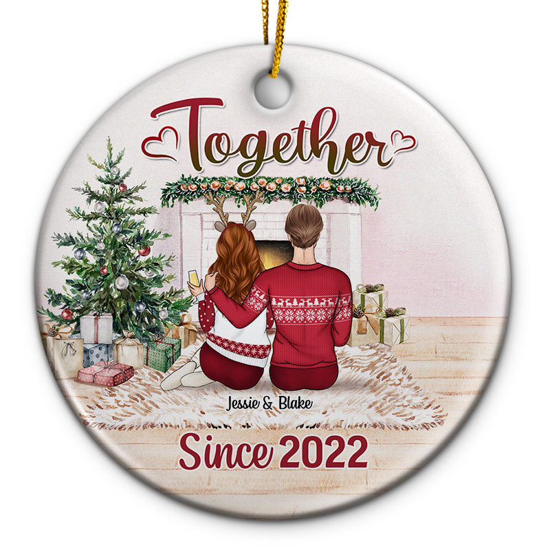 Christmas Family Couple Together Since Pink - Personalized Custom Circle Ceramic Ornament