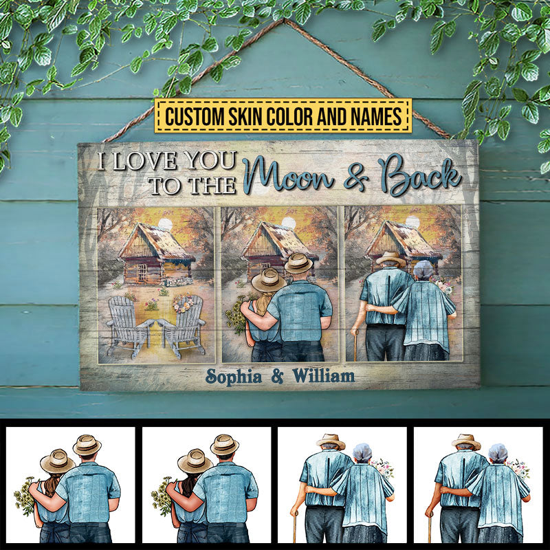 Family Couple  I Love You To The Moon And Back Custom Wood Rectangle Sign