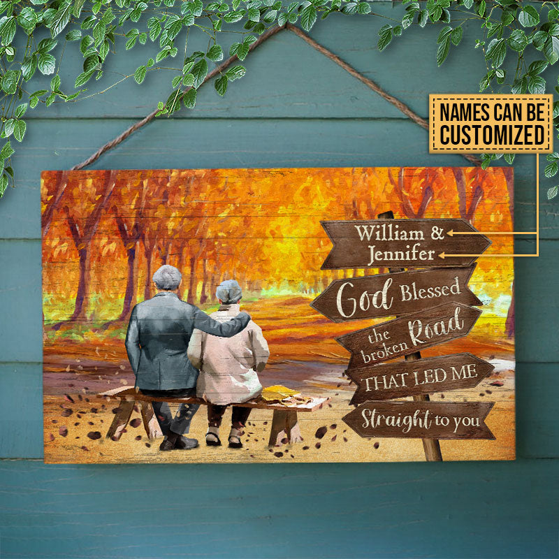 Family Old Couple Autumn Broken Road Custom Wood Rectangle Sign, Old Couple Gift, Grandparents Day Gift Ideas