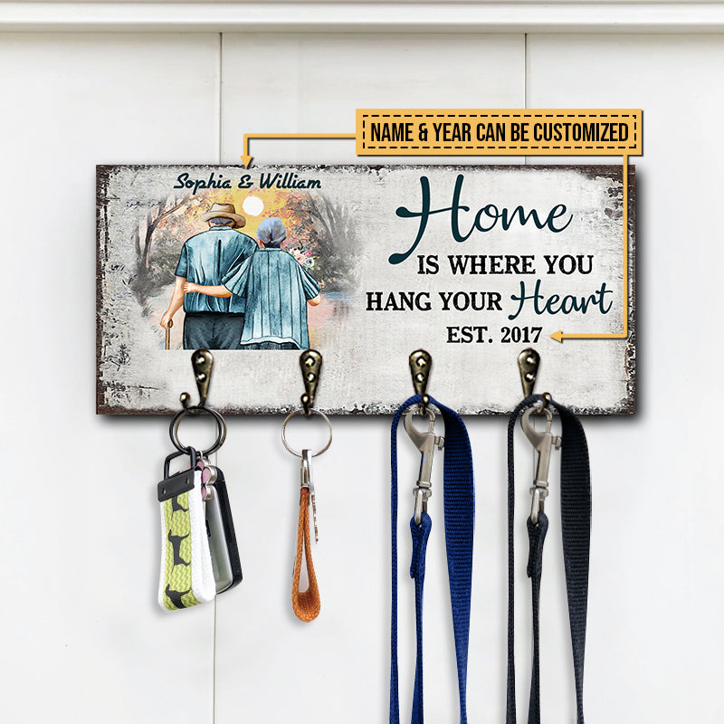 Family Old Couple Husband Wife Hang Your Heart Personalized Custom Wood Key Holder