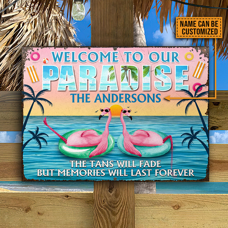 Flamingo Beach Paradise Tan Will Fade Custom Classic Metal Signs
