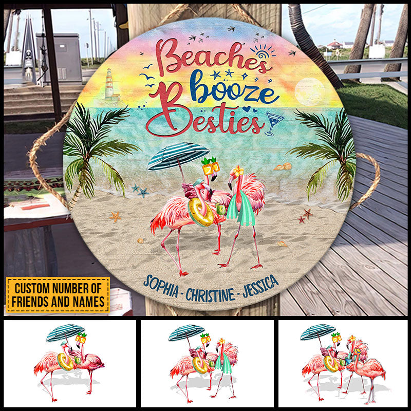 Flamingo Bestie Beaches Booze Besties Custom Wood Circle Sign
