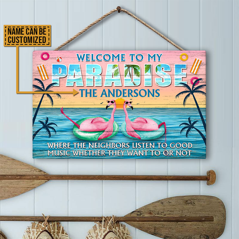 Flamingo Paradise Welcome Custom Wood Rectangle Sign