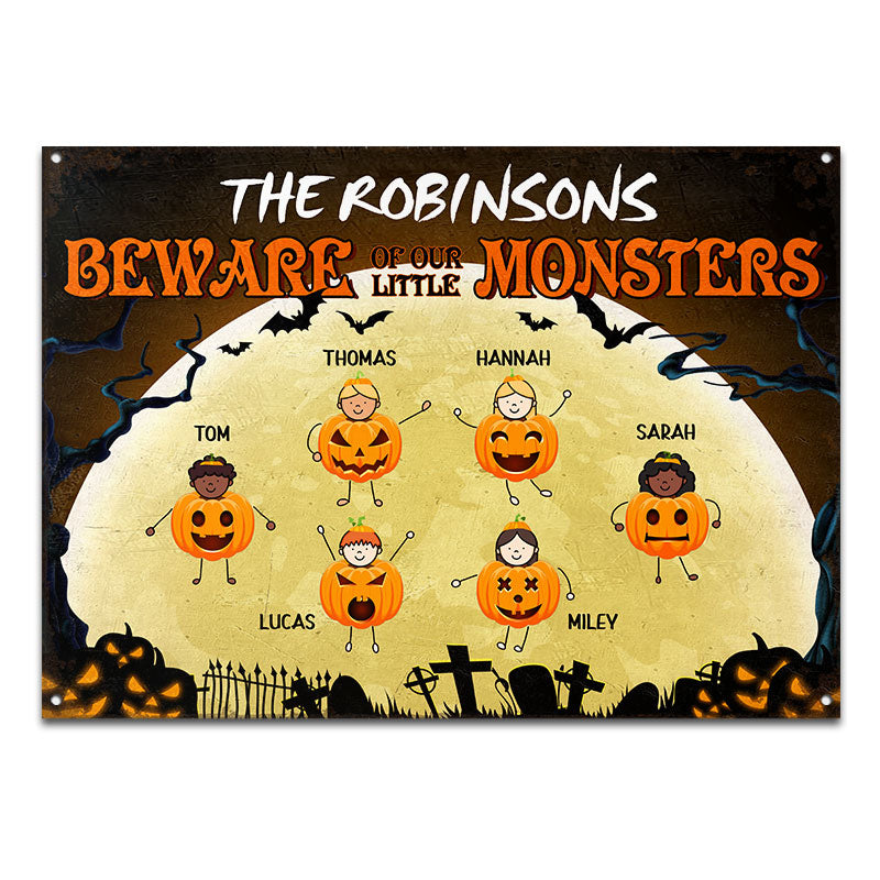 Grandkids Beware Of Little Monsters - Halloween Gift Idea - Personalized Custom Classic Metal Signs
