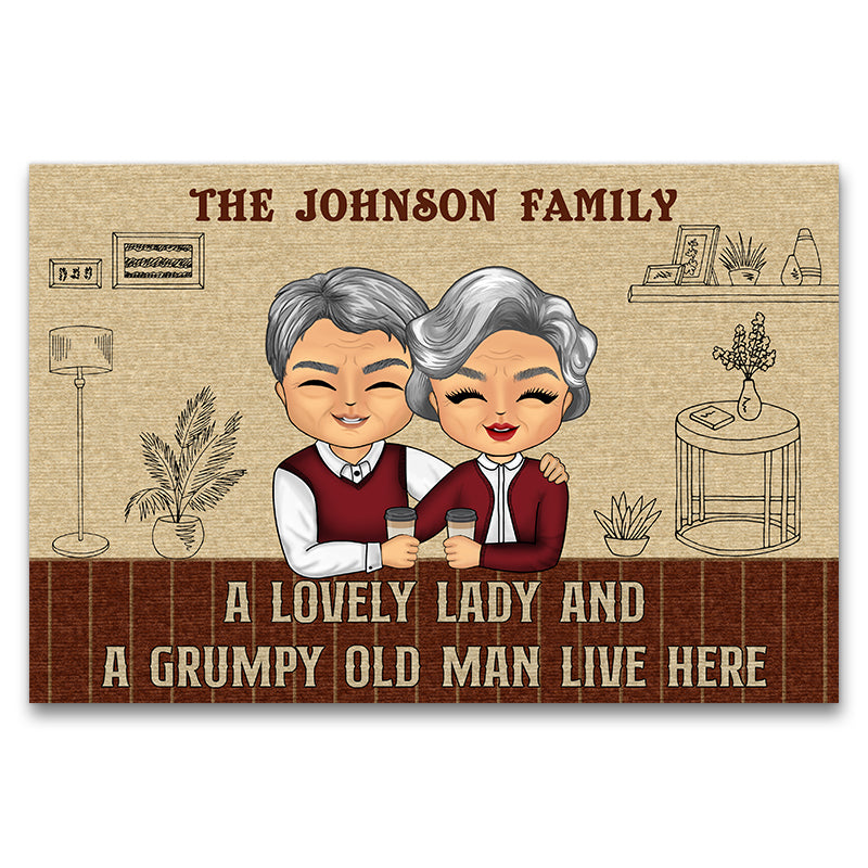 Old Couple Chibi Grumpy Old Man And His Lady - Personalized Custom Doormat