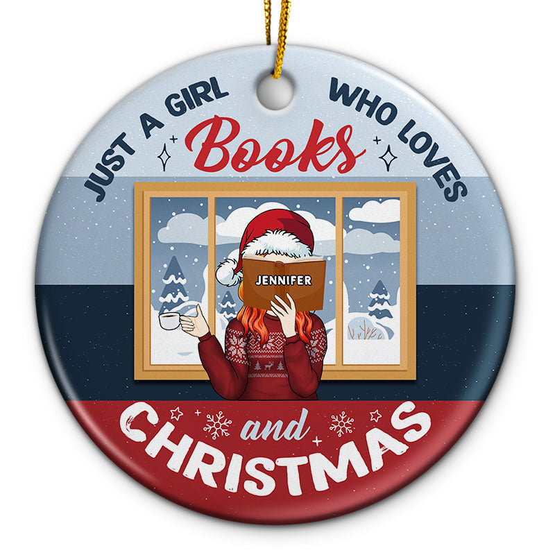 Reading Girl Who Loves Books And Christmas - Personalized Custom Circle Ceramic Ornament
