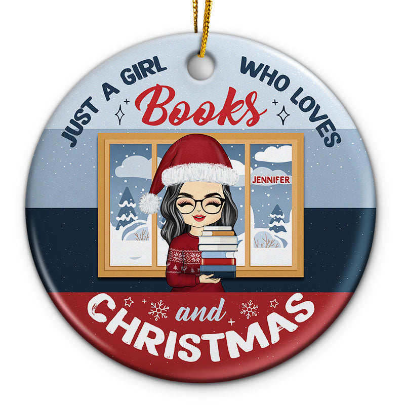 Reading Chibi Girl Who Loves Books And Christmas - Personalized Custom Circle Ceramic Ornament