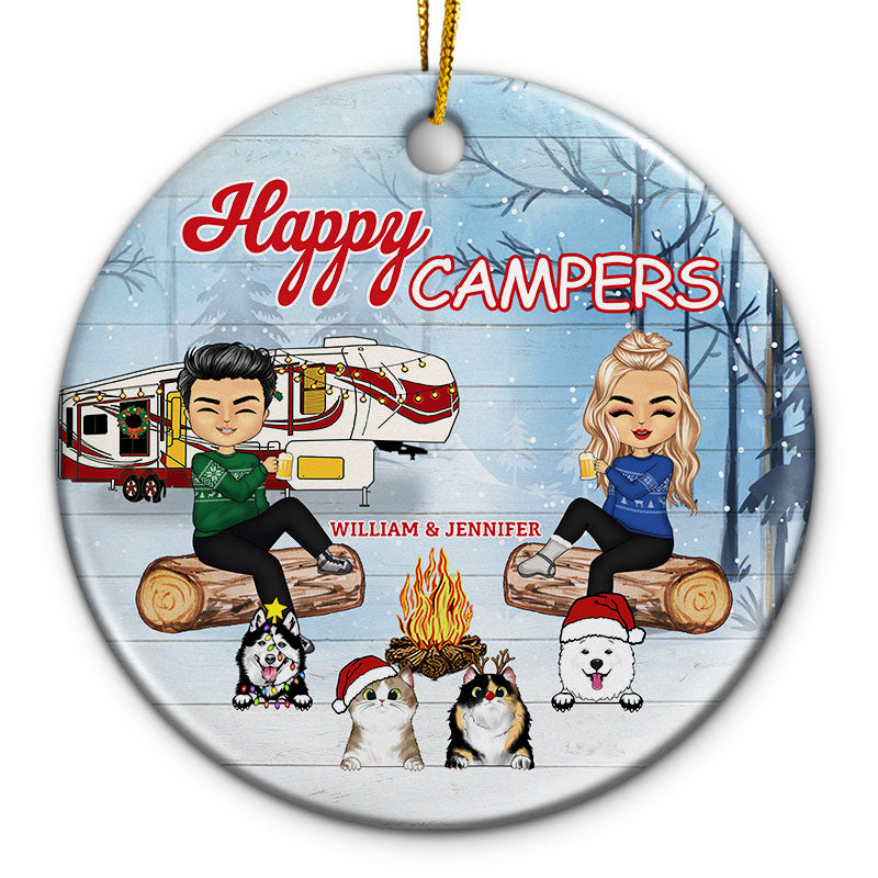 Christmas Camping Pet Lovers Couple Happy Campers - Personalized Custom Circle Ceramic Ornament