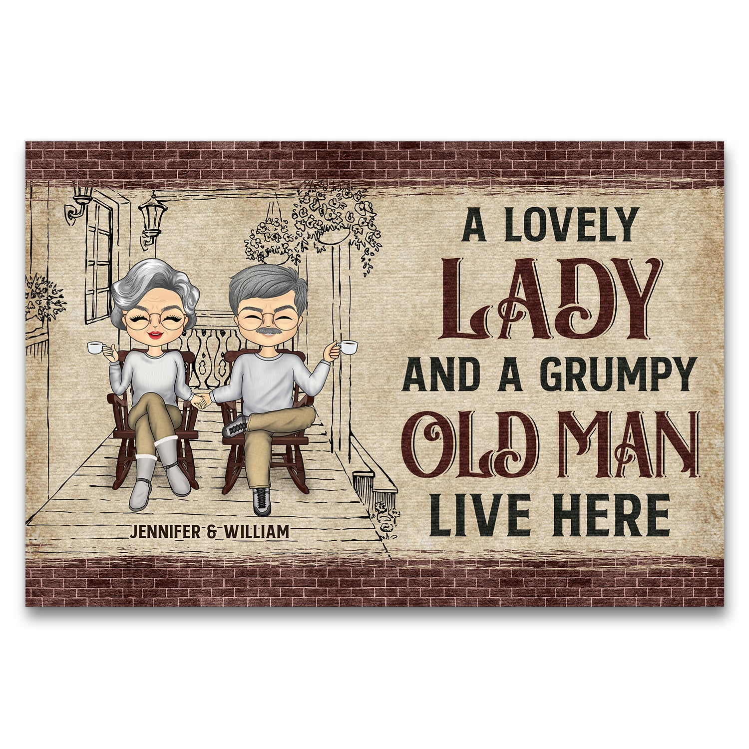 Couple Chibi A Lovely Lady & Grumpy Old Man - Personalized Custom Doormat
