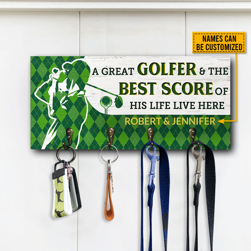 Golf Couple Golfer Best Score Live Here Personalized Custom Wood Key Holder