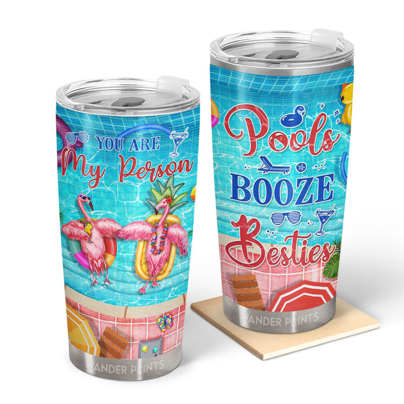 Wander Prints Funny Gift For Bestie, Summer Gifts, Birthday Gifts For Best Friends, Sisters - 	Swimming Flamingo Bestie Pools Booze Besties, Unique Gift For Bestie, BFF Stainless Steel Tumbler 20Oz
