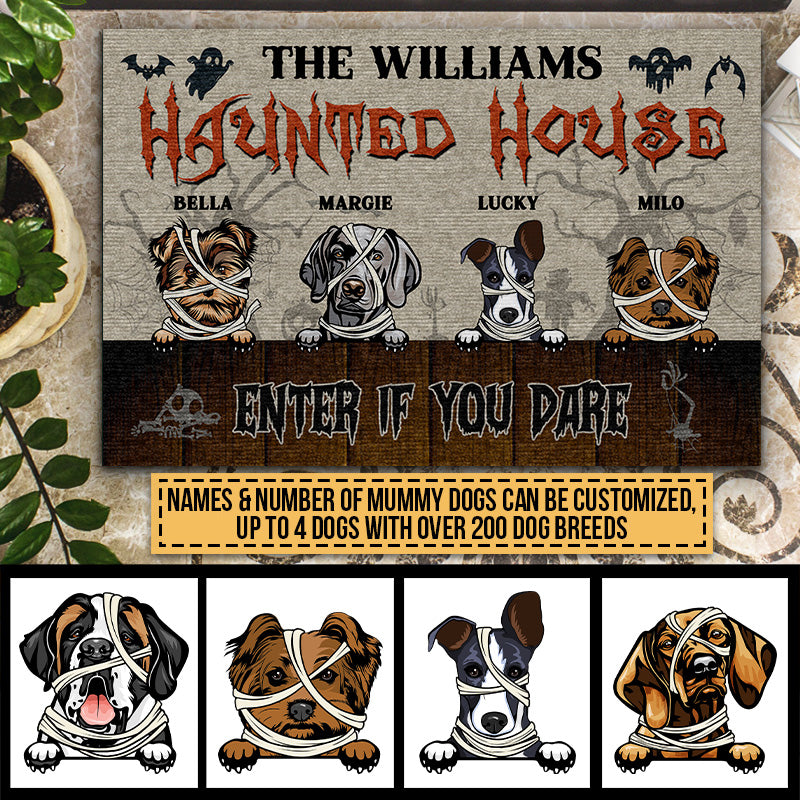 Haunted House Enter If You Dare Custom Doormat, Halloween Decor, Dog Mummy Costume, Dog Lover Gift
