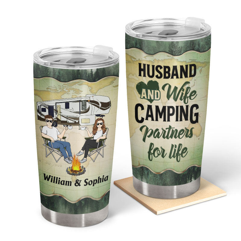 Let's Sit By The Campfire Forest Husband Wife Camping Couple - Personalized Custom Tumbler