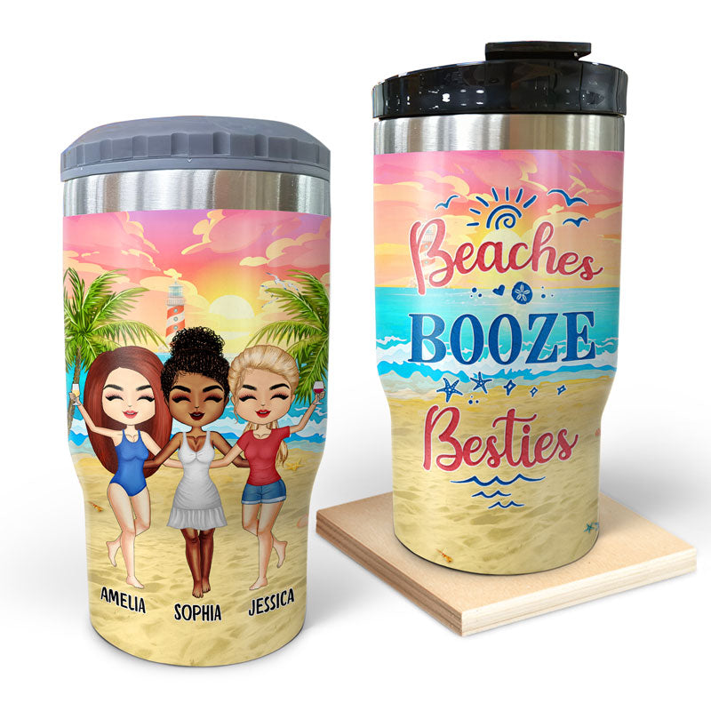 Beach Best Friends Beaches Booze Besties - Gift For BFF - Personalized Custom Triple 3 In 1 Can Cooler