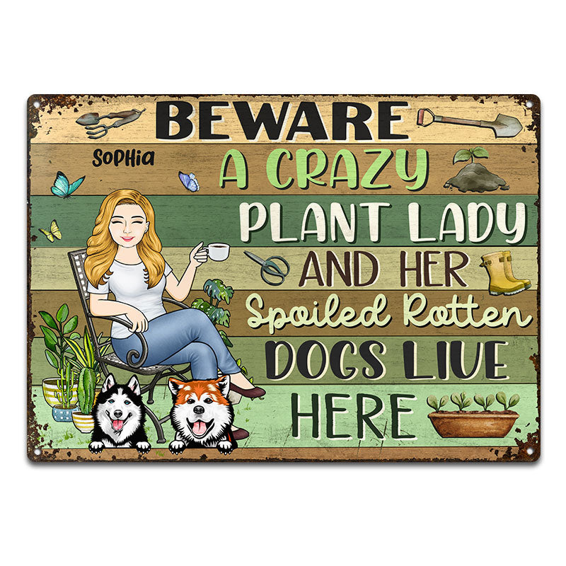 Beware A Crazy Plant Lady & Her Spoiled Rotten Dogs Live Here Gardening - Garden Sign For Dog Lovers - Personalized Custom Classic Metal Signs