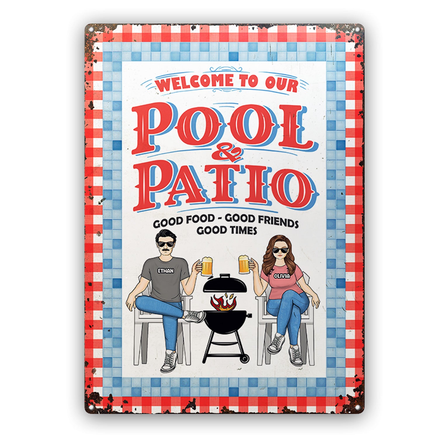 Good Food Good Friends Good Times - Pool & Patio Decoration For Couples - Personalized Custom Classic Metal Signs