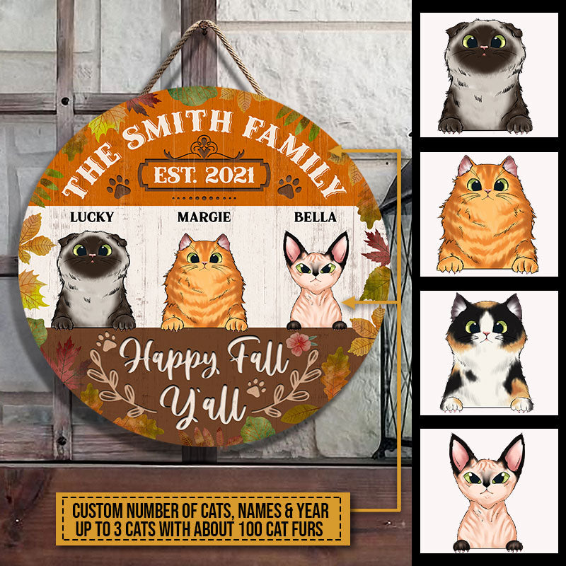 Happy Fall Y'all, Cat Lover Gift, Autumn Decor, Porch Sign, Custom Wood Circle Sign