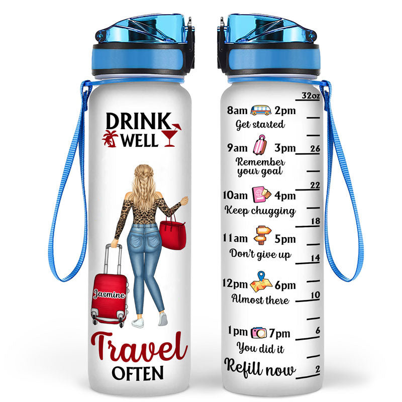 Drink Well Travel Often - Gift For Travel Lovers - Personalized Custom Water Tracker Bottle