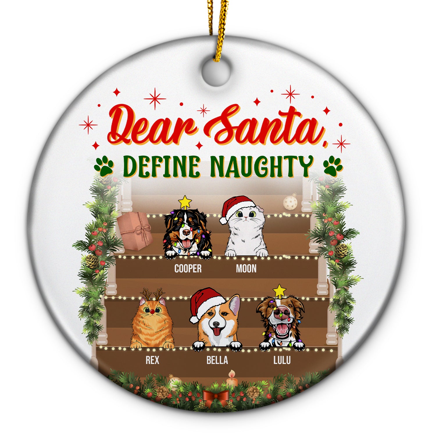 Christmas Santa Define Naughty - Christmas Gift For Dog & Cat Lovers - Personalized Custom Circle Ceramic Ornament
