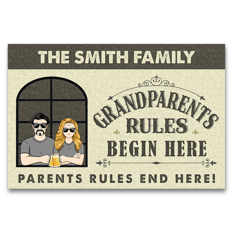 Family Old Couple Grandparents Rules Begin Here - Couple Gift - Personalized Custom Doormat