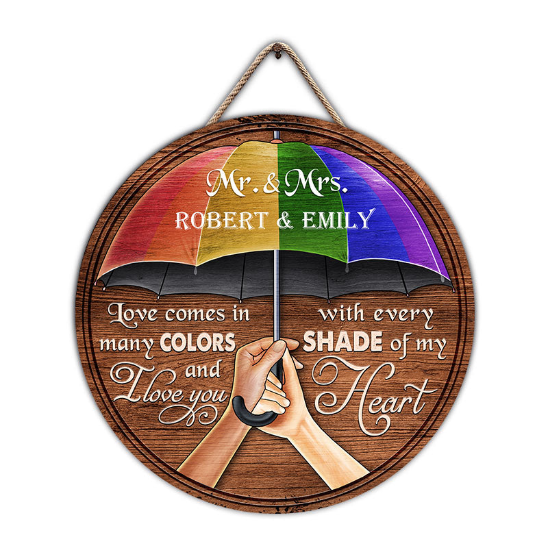 Love In Colors Umbrella Pride Couple Anniversary Gift - Personalized Custom Wood Circle Sign