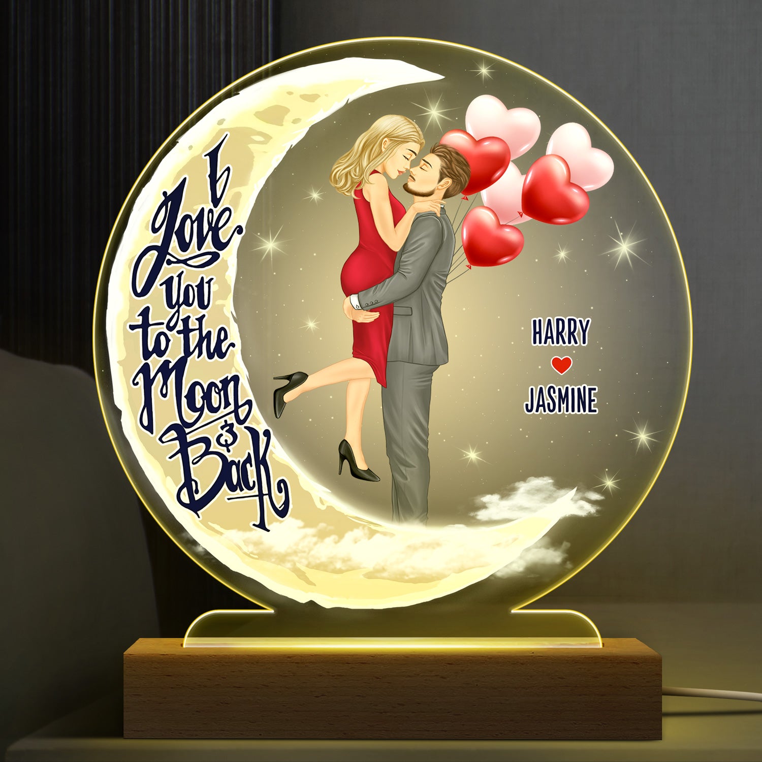 I Love You To The Moon And Back - Anniversary, Birthday Gift For Spouse, Lover, Husband, Wife, Boyfriend, Girlfriend, Married Couple - Personalized Custom 3D Led Light Wooden Base