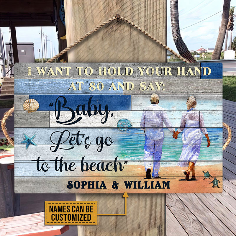 Let's Go To The Beach, Old Couple, Couple Gift, Custom Wood Rectangle Sign