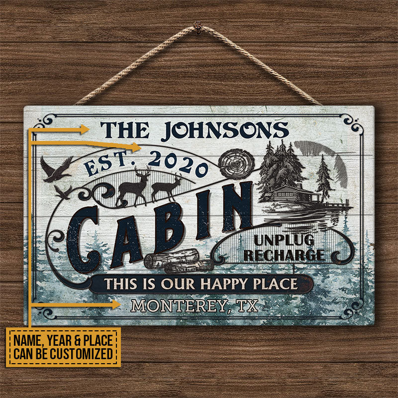 Log Cabin This Is Our Happy Place Custom Wood Rectangle Sign