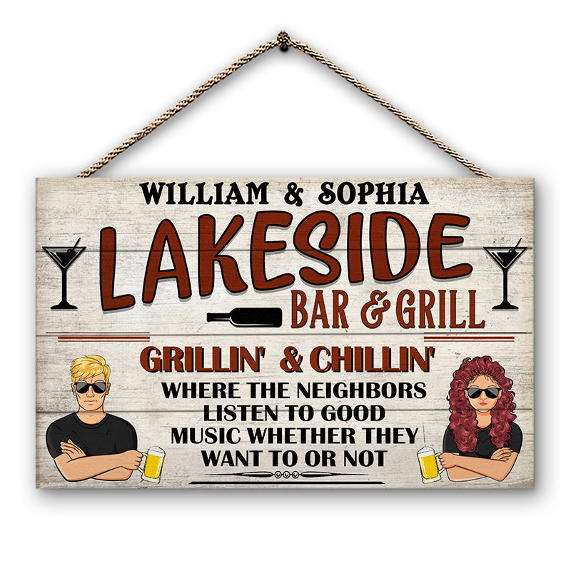 Bar & Grill Where The Neighbors - Lake House Decor - Personalized Custom Wood Rectangle Sign