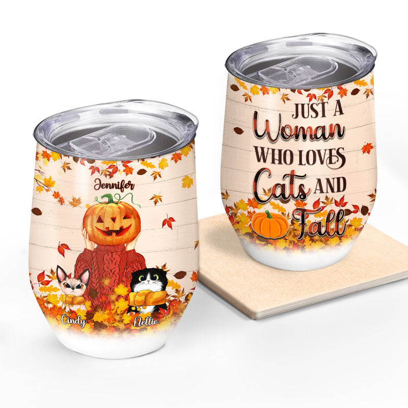 Cat Lovers Autumn Leaves Who Loves Cats And Fall - Personalized Custom Wine Tumbler