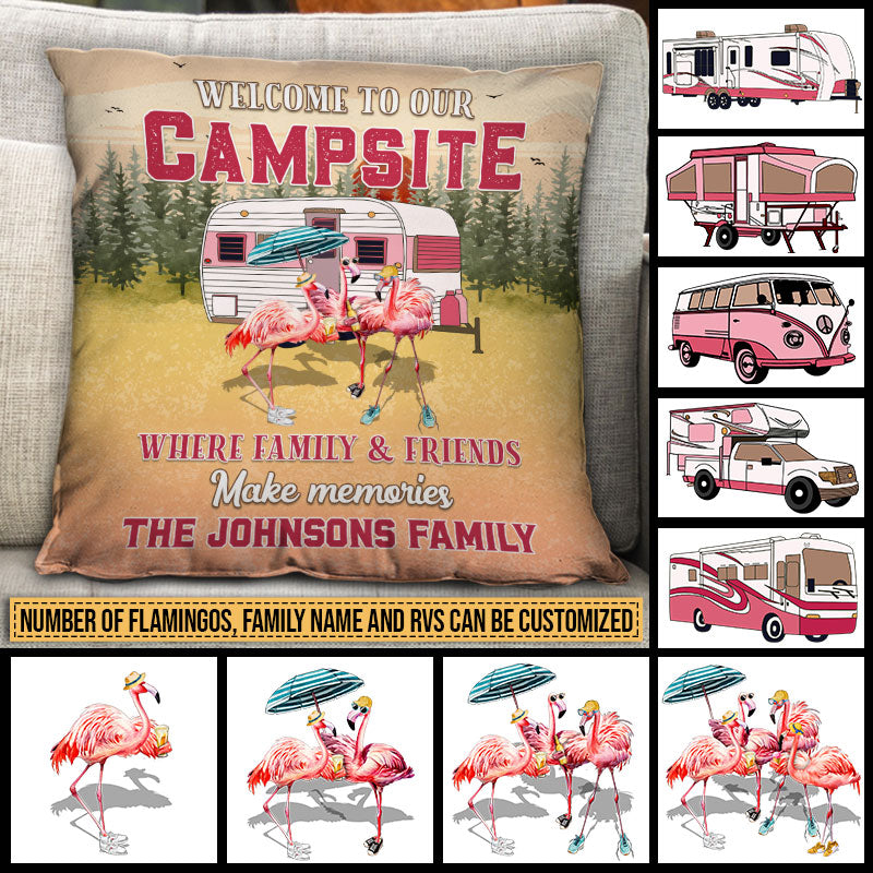 Camping Flamingo Bestie Welcome To Our Campsite Custom Pillow, Personalized Camping Gift