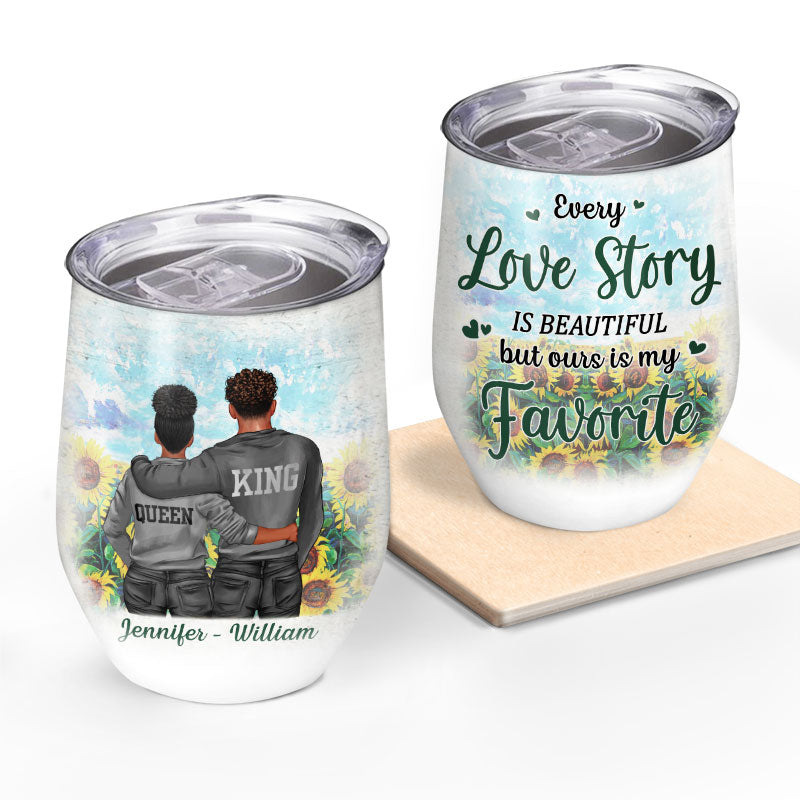 Black Couple Sunflower Every Love Story Is Beautiful - Couple Gift - Personalized Custom Wine Tumbler