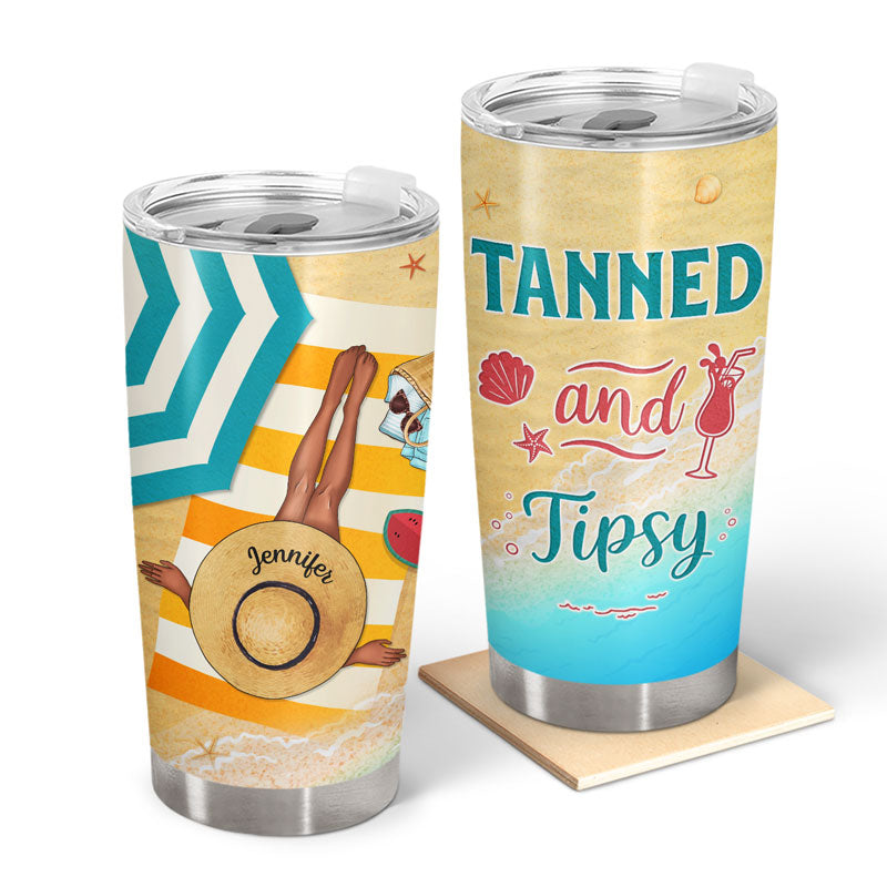 Tanned And Tipsy Personalized Beach Girl Tumbler Cup, Gift For