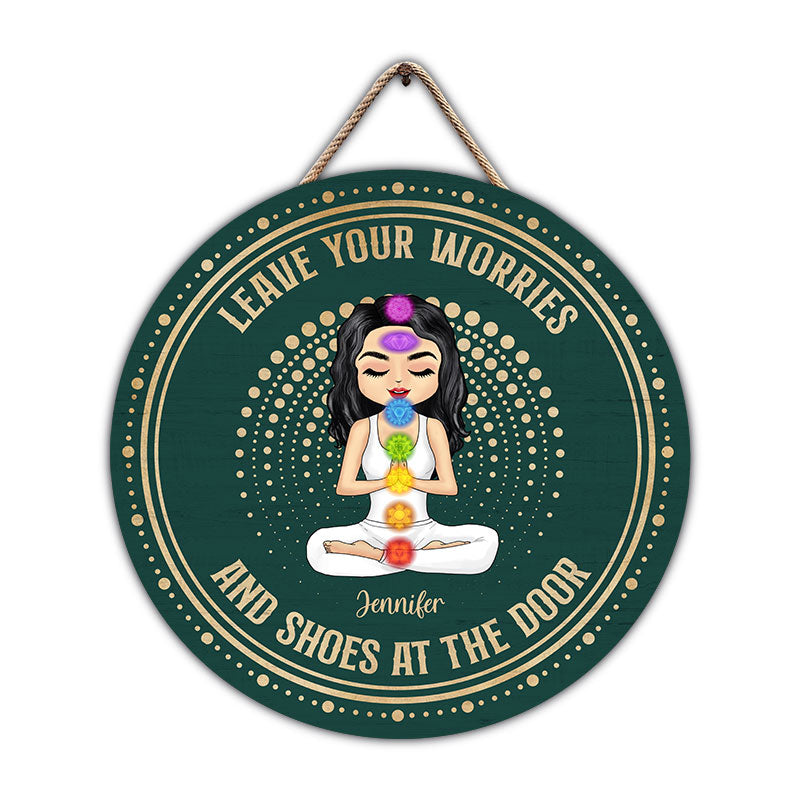 Leave Your Worries & Shoes - Gift For Yoga Lovers - Personalized Custom Wood Circle Sign