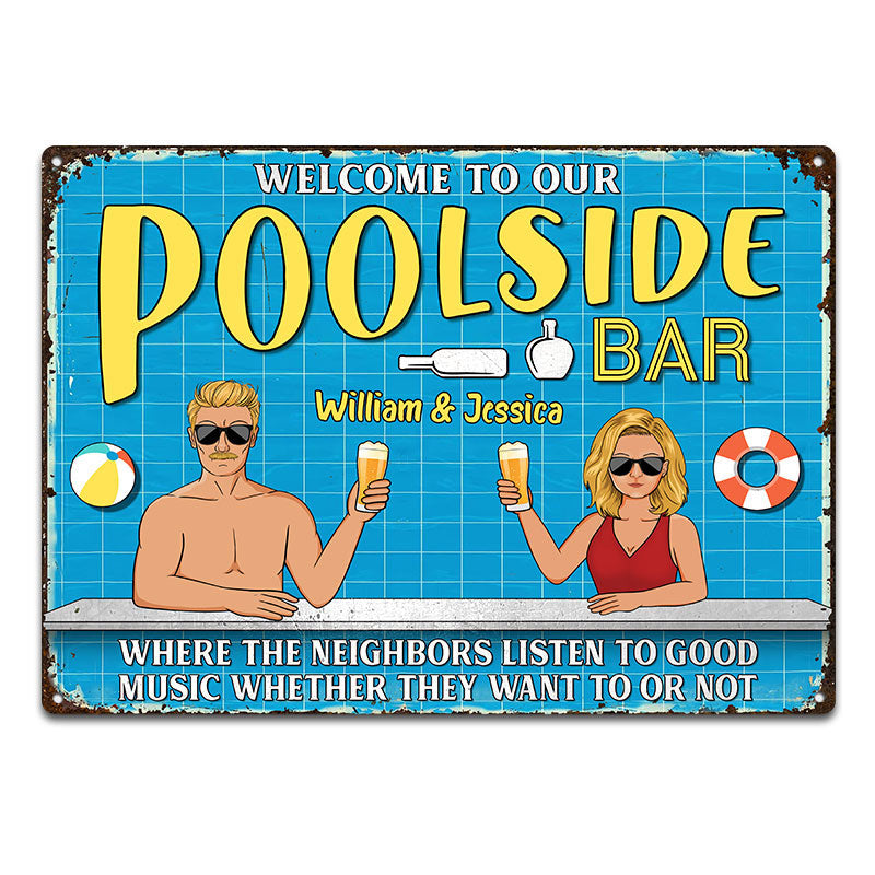 Swimming Pool Family Couple Listen To Good Music - Personalized Custom Classic Metal Signs