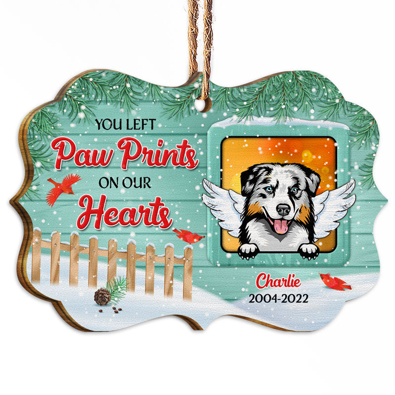 Christmas Dog Memorial Paw Prints On Our Hearts - Personalized Custom Wooden Ornament