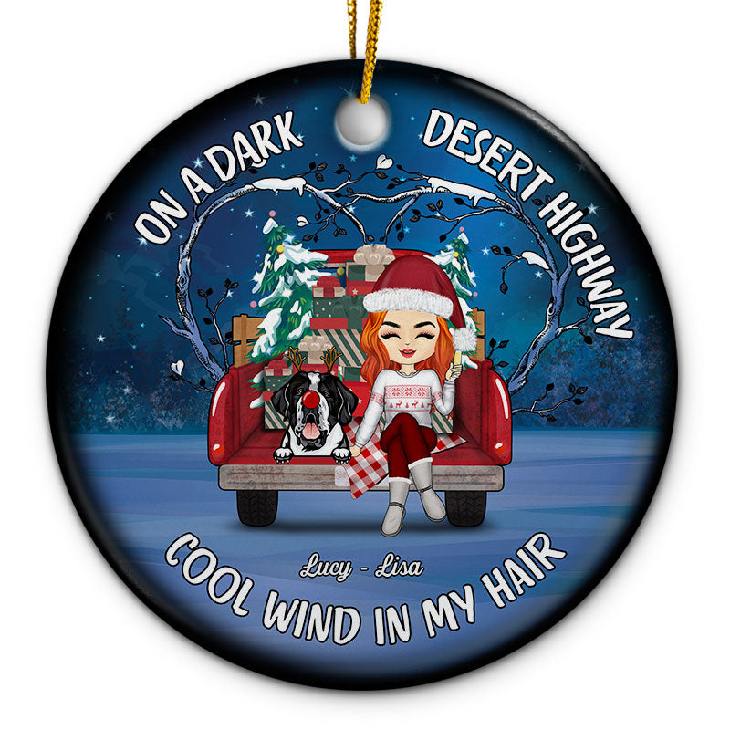 Christmas Dog Lovers On A Dark Desert Highway - Personalized Custom Circle Ceramic Ornament