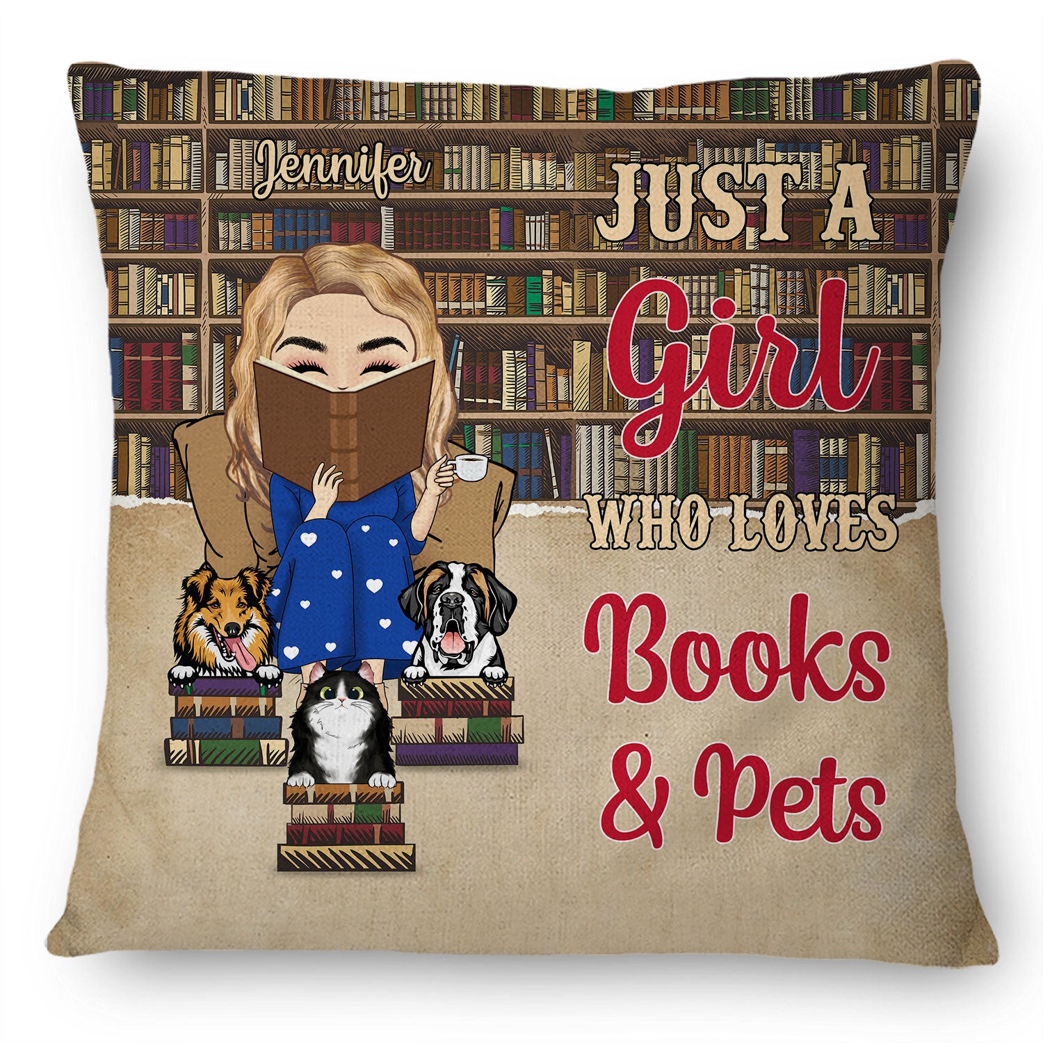 Reading Just A Girl Boy Who Loves Books & Dogs Cats - Personalized Custom Pillow