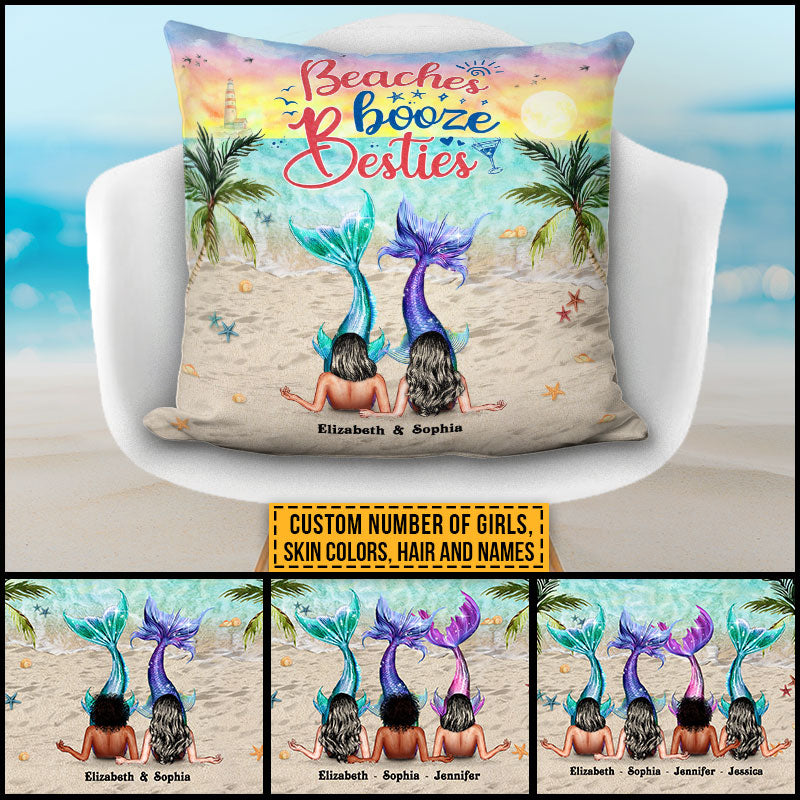Mermaid Bestie Beaches Booze Besties Custom Pillow
