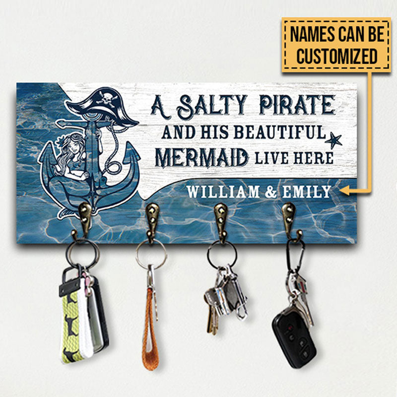 Mermaid Salty Pirate Live Here Personalized Custom Wood Key Holder