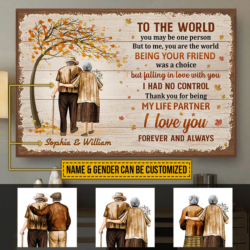 Family Pride Husband Wife Old Couple You Are The World Fall Leaves Horizontal Custom Poster, Couple Gift, Anniversary Gift, Memorial Gift, Wall Art, Grandparents Day Gifts
