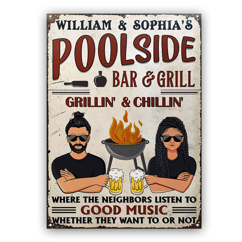 Poolside Neighbors Listen To Good Music - Swimming Pool Decor - Personalized Custom Classic Metal Signs