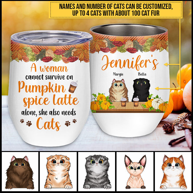Cat Lover Fall A Woman Cannot Survive Custom Wine Tumbler, Autumn Fall Drinkware, Cat Lover Gift
