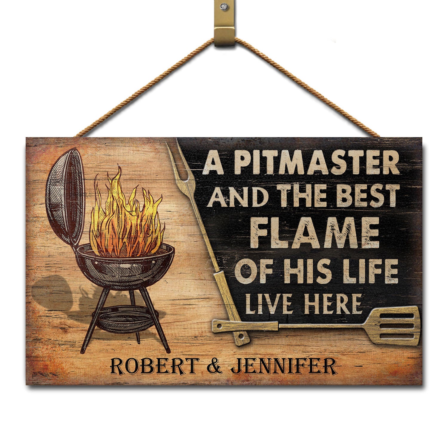 Personalized Grilling Couple Pitmaster Customized Wood Rectangle Sign