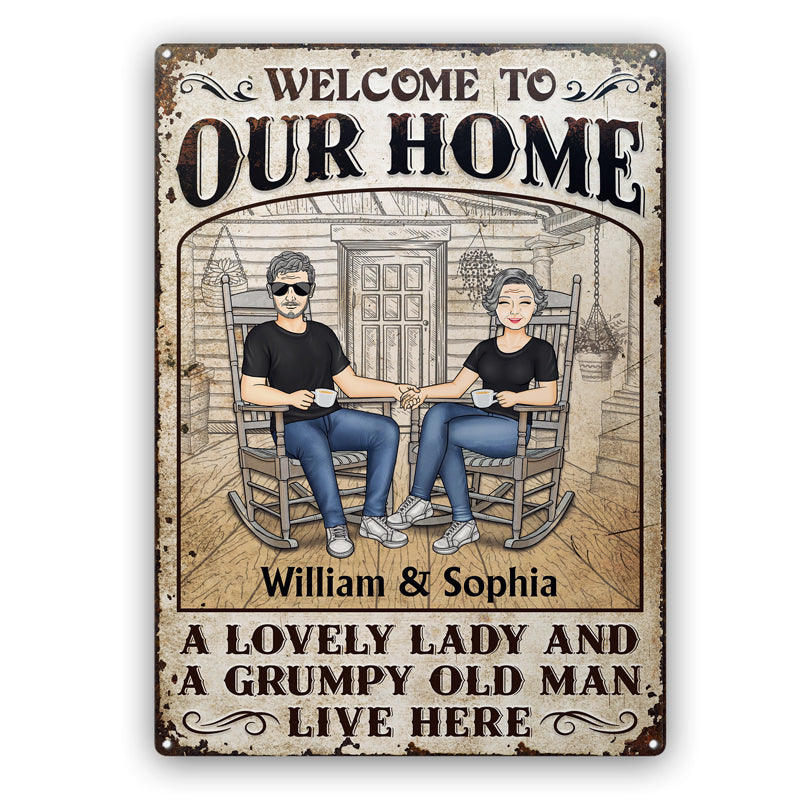 Family Couple A Lovely Lady And A Grumpy Old Man Live Here - Gift For Couples - Personalized Custom Classic Metal Signs