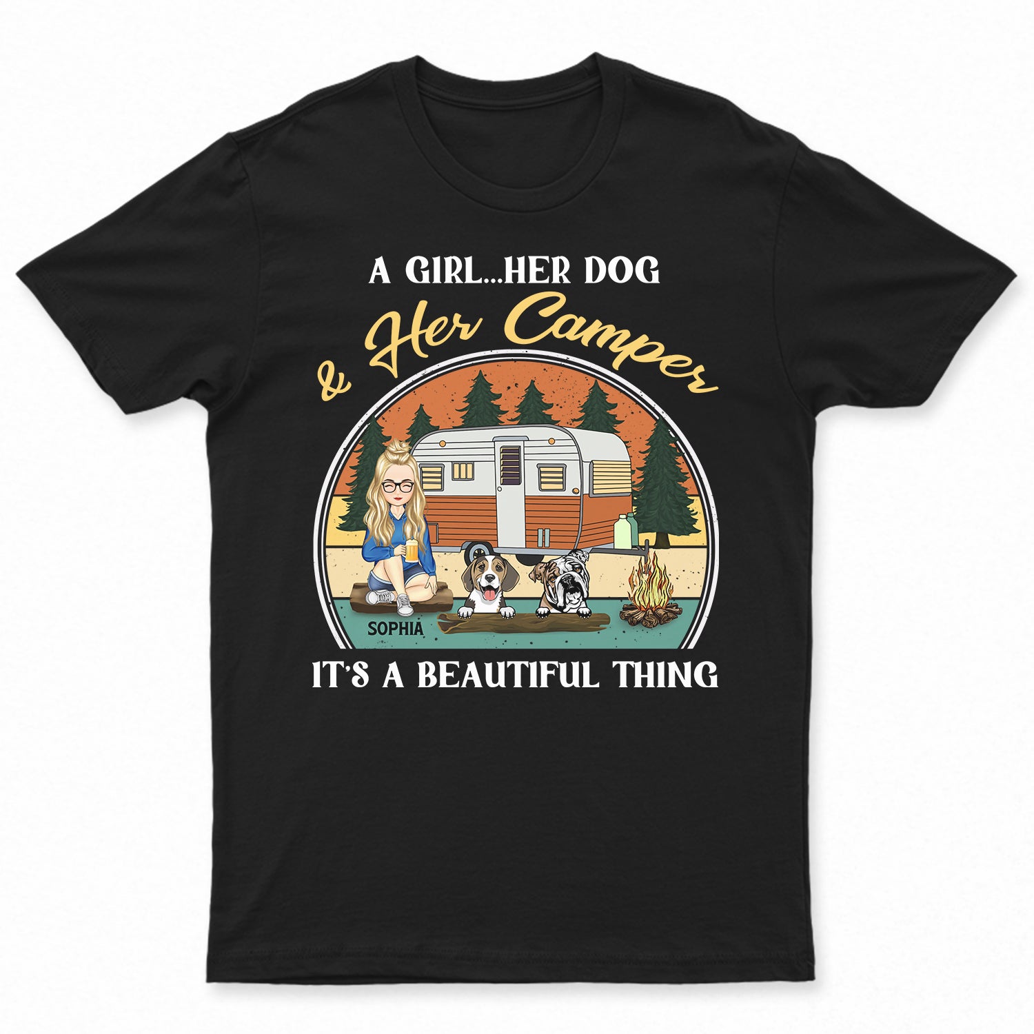 Camping Girl Her Dog & Her Camper - Gift For Camping Lovers - Personalized Custom T Shirt