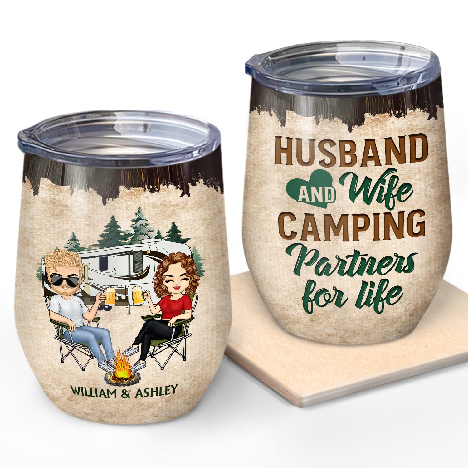 Husband And Wife Camping Partners For Life - Anniversary, Birthday Gift For Spouse, Husband, Wife, Boyfriend, Girlfriend, Campers - Personalized Custom Wine Tumbler