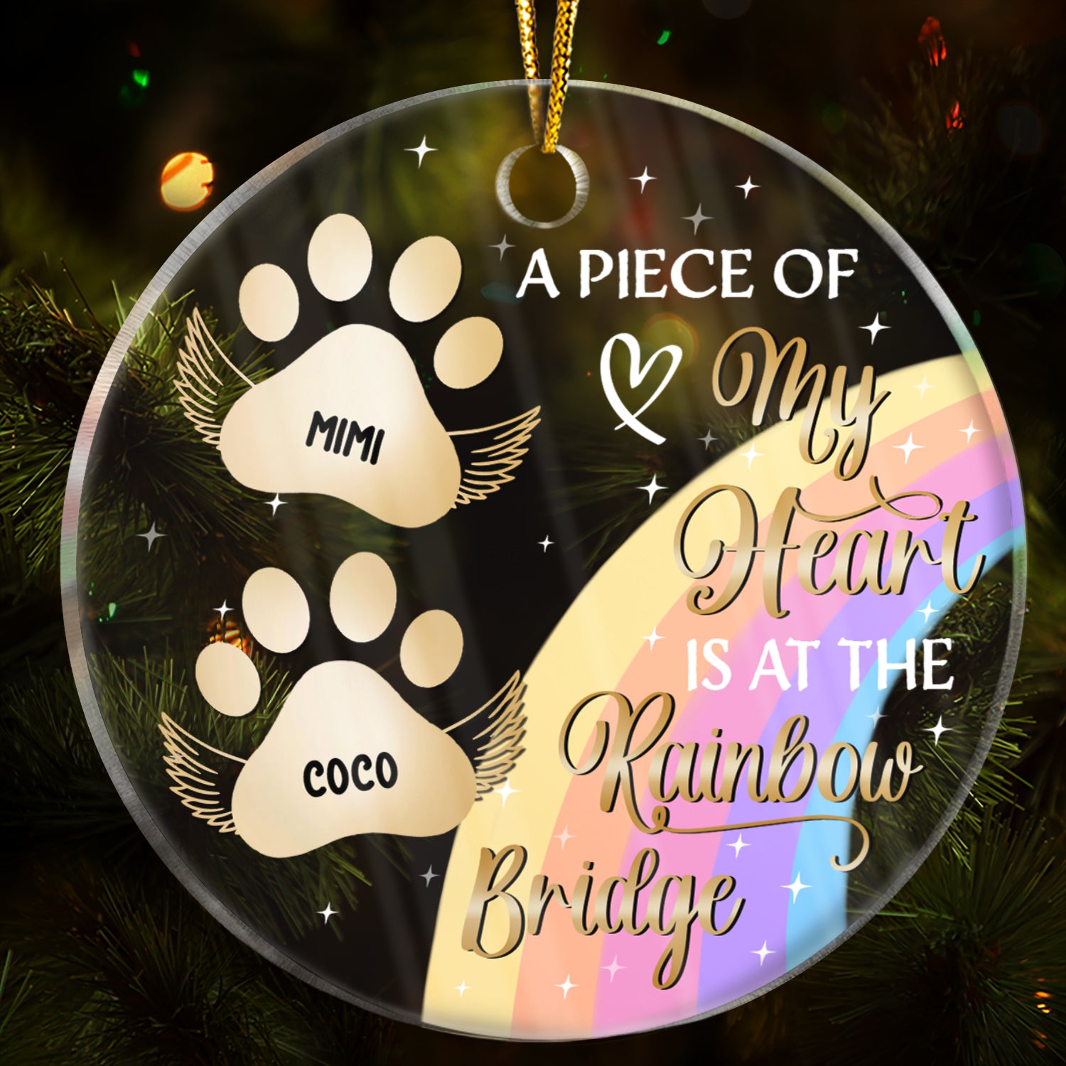My Heart Is At The Rainbow Bridge - Christmas Memorial Gift For Dog Lovers - Personalized Custom Circle Acrylic Ornament