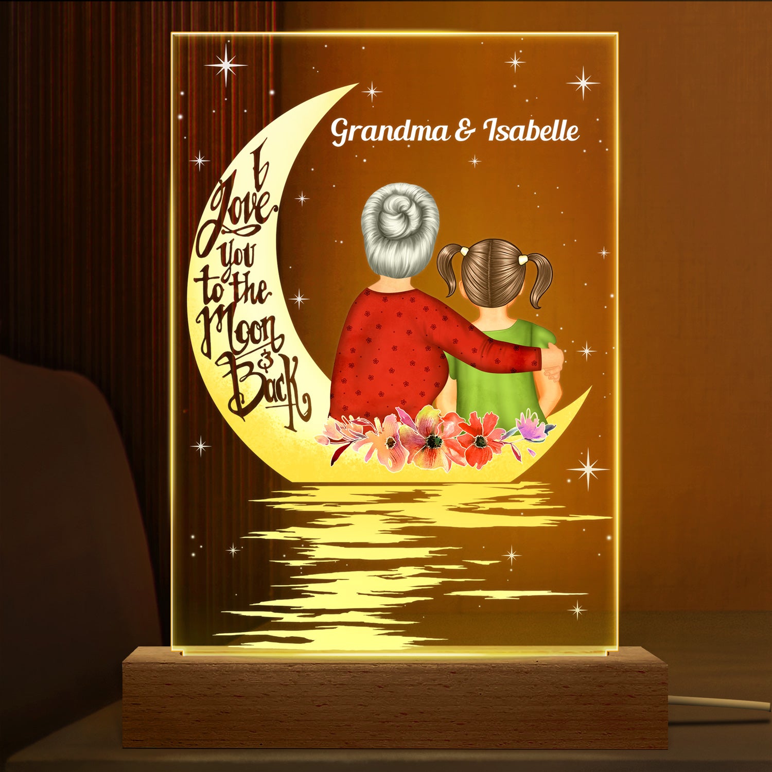 Love You To The Moon & Back - Gift For Grandma - Personalized Custom 3D Led Light Wooden Base